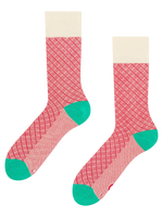 Türkisfarbene und rote gemusterte Socken