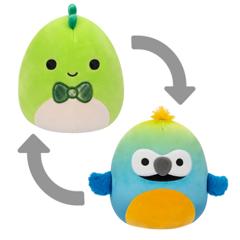 Squishmallows 2-in-1 Danny der grüne Dino/Baptise der blau-gelbe Ara, 13 cm