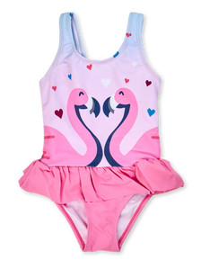 Lustiger Badeanzug für Mädchen Flamingos und Herzen