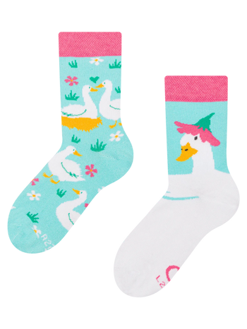 Lustige Kindersocken Gänse und Blumen