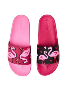Lustige Pantoletten für Kinder Flamingos und Herzen