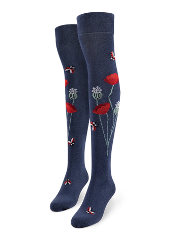 Lustige Überkniestrümpfe Marienkäfer und Mohnblumen
