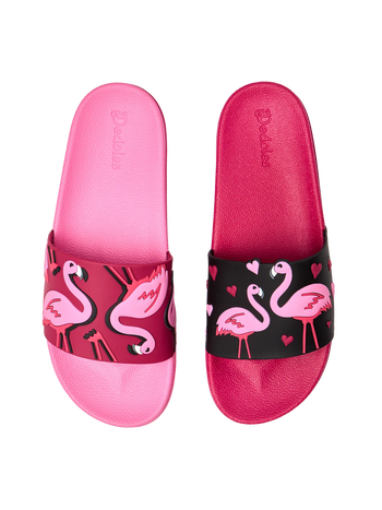 Lustige Pantoletten für Kinder Flamingos und Herzen