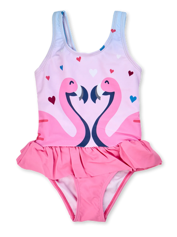Lustiger Badeanzug für Mädchen Flamingos und Herzen