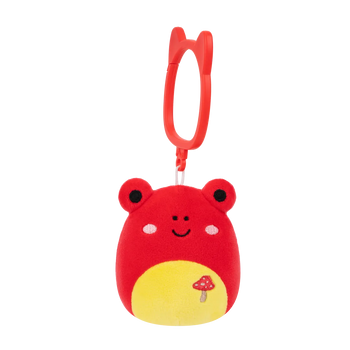 Squishmallows Schlüsselanhänger Obu der rote Tropenfrosch mit Pilzstickerei, 9 cm